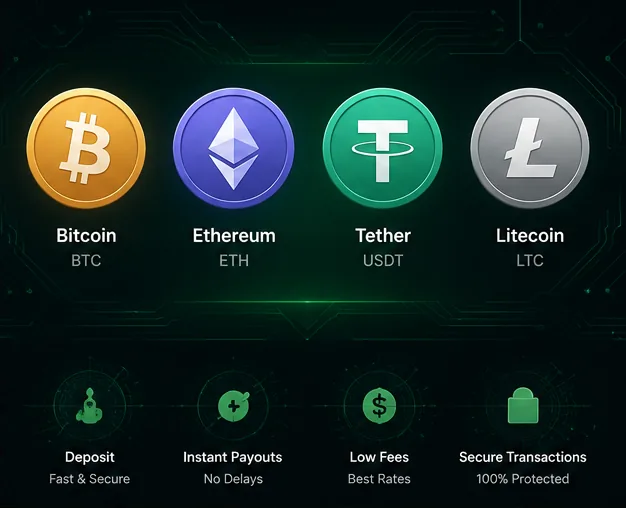 Икони на криптовалути, приемани от Vavada: Bitcoin, Ethereum, Litecoin и Tether (USDT)